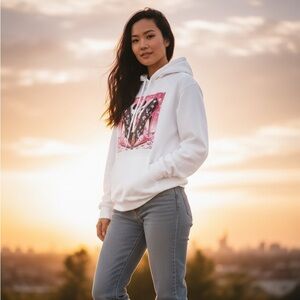 Stylish White Hoodie with Pink Graphic